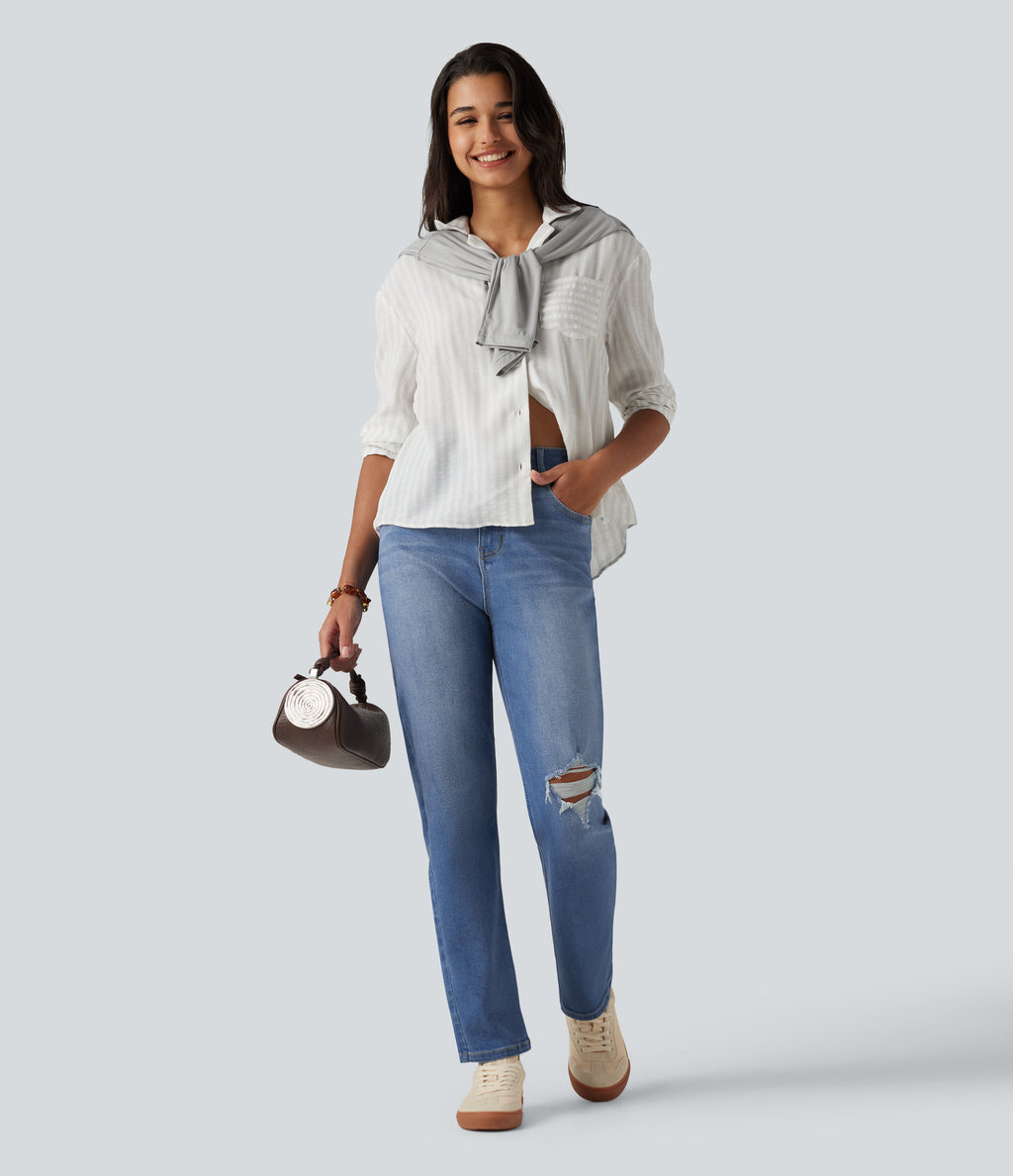 High Waisted Casual Jeans with Pockets — Blue Jasper Denim — view 7
