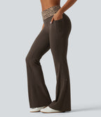 Mid Rise Foldover Tummy Control Leopard Print Flare Yoga Leggings with Pockets — Hot Fudge — view 3