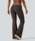 Mid Rise Foldover Tummy Control Leopard Print Flare Yoga Leggings with Pockets — Hot Fudge — view 2