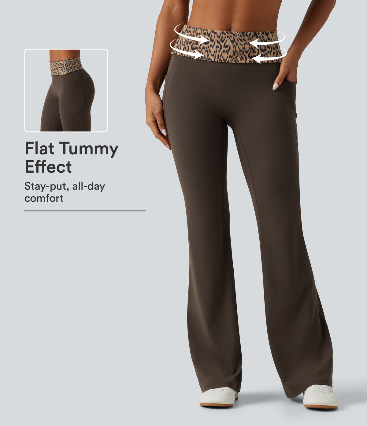Mid Rise Foldover Tummy Control Leopard Print Flare Yoga Leggings with Pockets — Hot Fudge — view 1