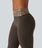 Mid Rise Foldover Tummy Control Leopard Print Flare Yoga Leggings with Pockets — Hot Fudge — view 7
