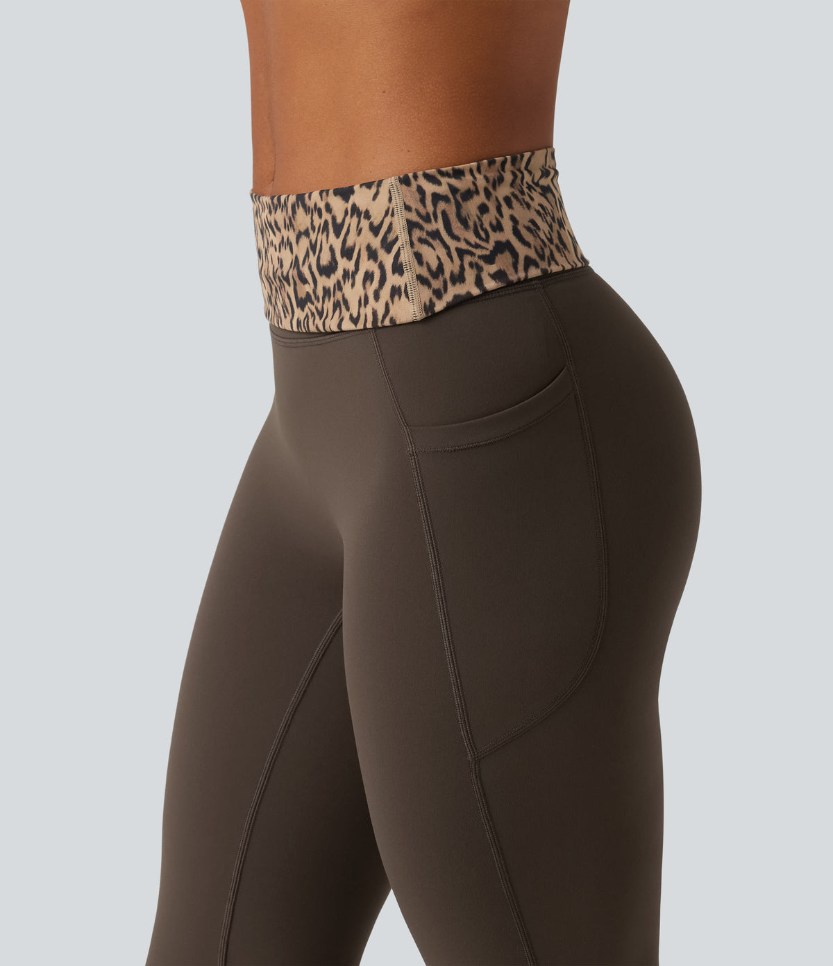 Mid Rise Foldover Tummy Control Leopard Print Flare Yoga Leggings with Pockets — Hot Fudge — view 7