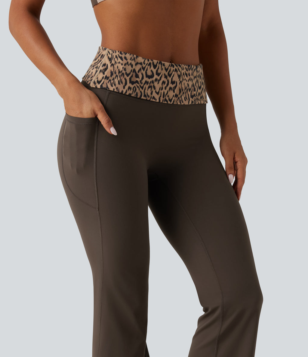Mid Rise Foldover Tummy Control Leopard Print Flare Yoga Leggings with Pockets — Hot Fudge — view 6