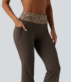 Mid Rise Foldover Tummy Control Leopard Print Flare Yoga Leggings with Pockets — Hot Fudge — view 6