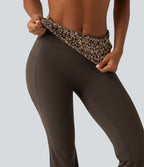 Mid Rise Foldover Tummy Control Leopard Print Flare Yoga Leggings with Pockets — Hot Fudge — view 4