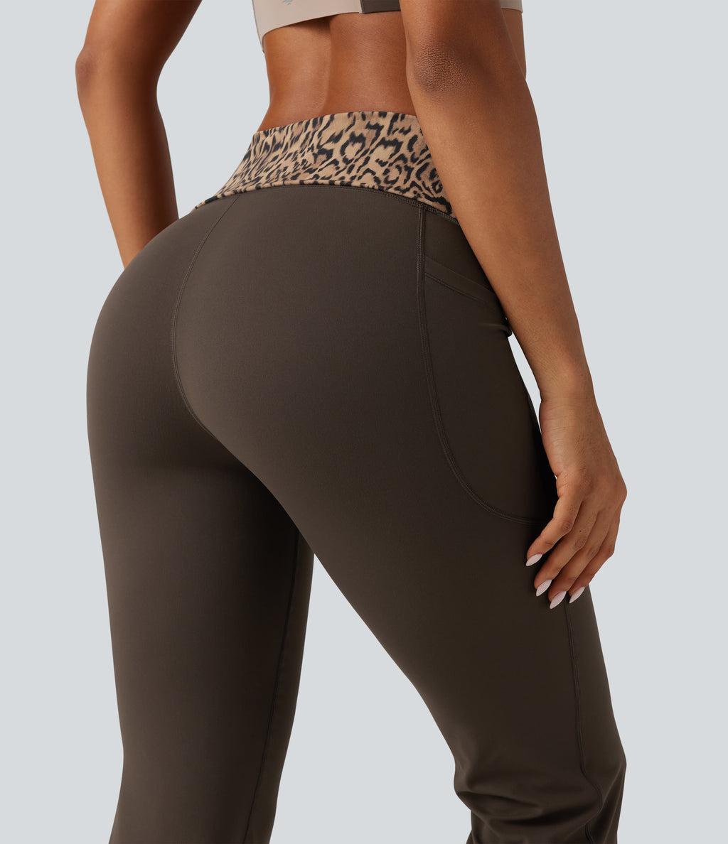 Mid Rise Foldover Tummy Control Leopard Print Flare Yoga Leggings with Pockets — Hot Fudge — view 5