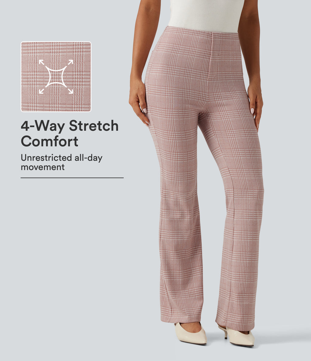 High Waisted Plaid Flare Work Trousers with Pockets — Bean Paste Houndstooth Plaid — view 1
