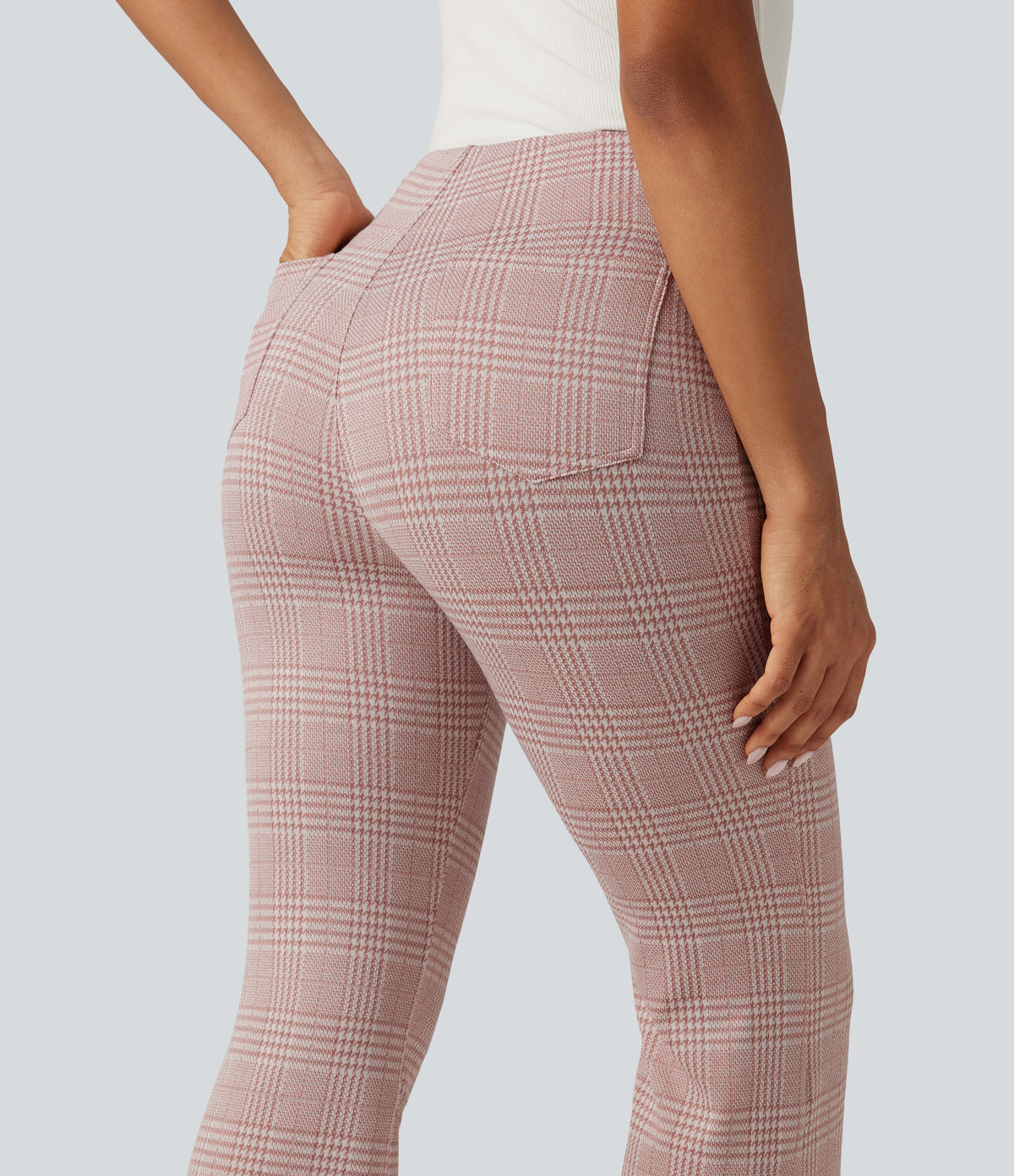 High Waisted Plaid Flare Work Trousers with Pockets — Bean Paste Houndstooth Plaid — view 5