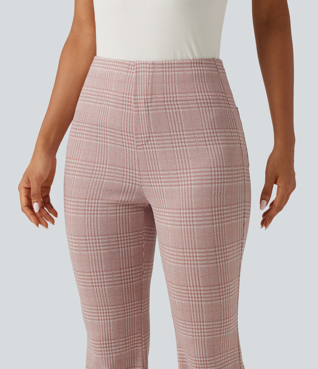 High Waisted Plaid Flare Work Trousers with Pockets — Bean Paste Houndstooth Plaid — view 4