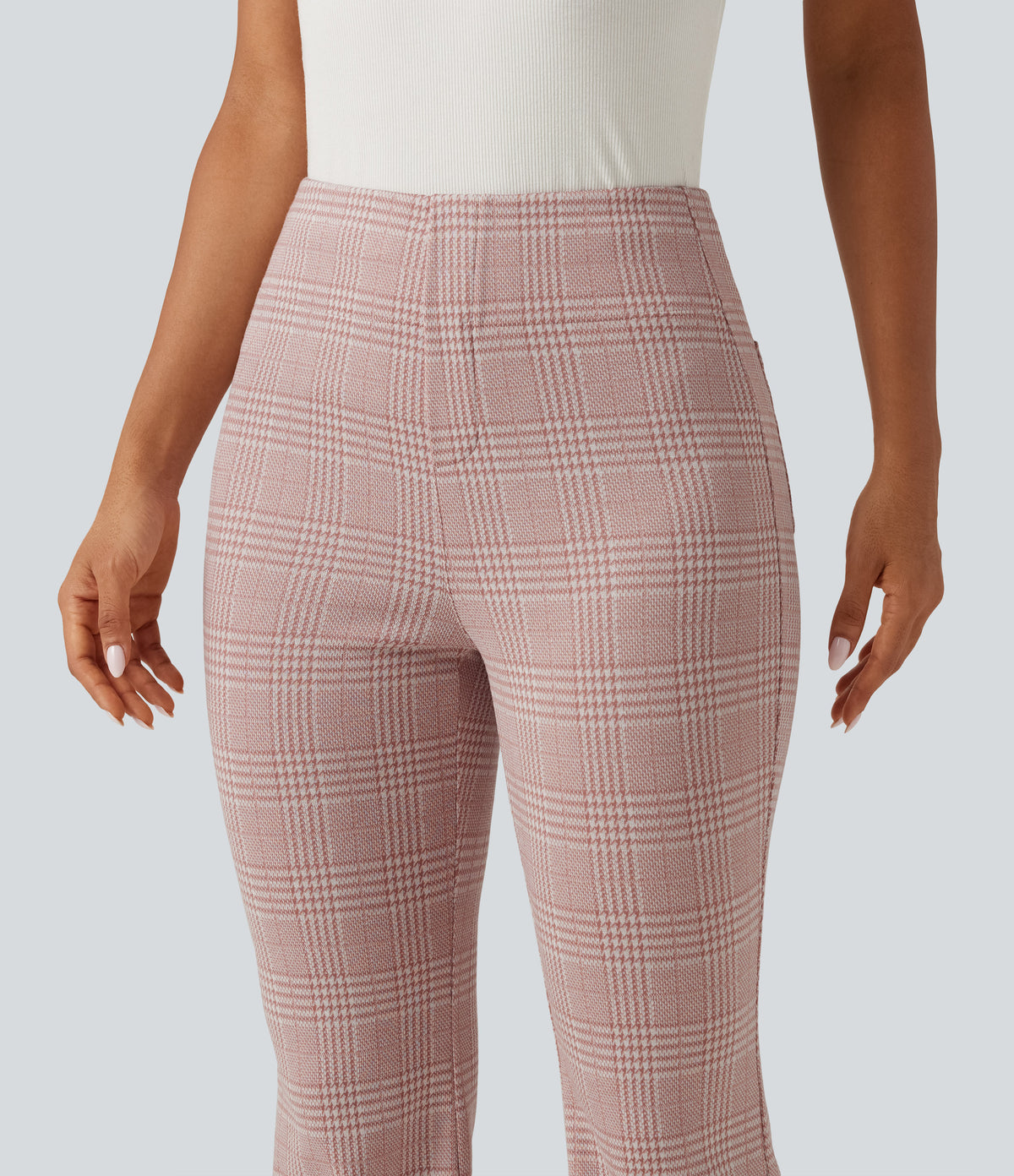 High Waisted Plaid Flare Work Trousers with Pockets — Bean Paste Houndstooth Plaid — view 4