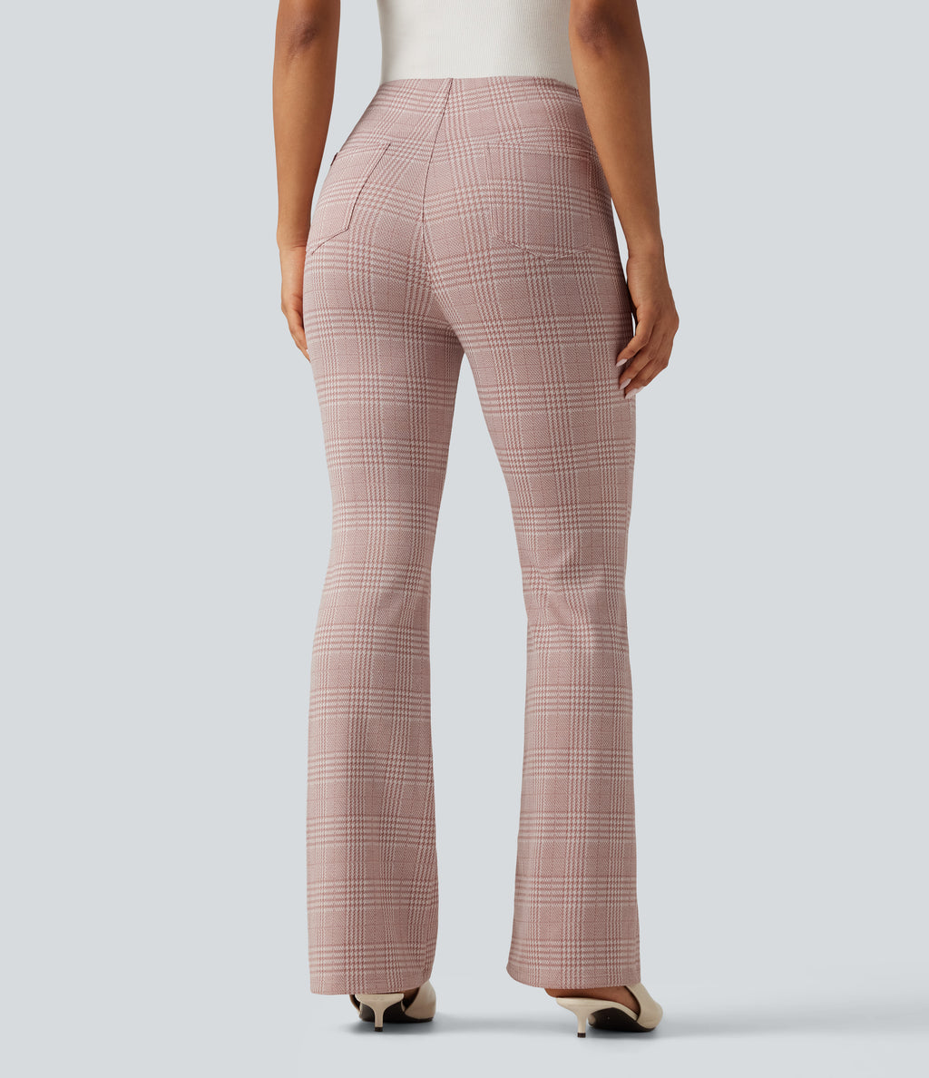 High Waisted Plaid Flare Work Trousers with Pockets — Bean Paste Houndstooth Plaid — view 2