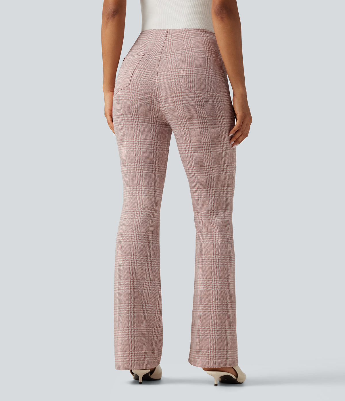 High Waisted Plaid Flare Work Trousers with Pockets — Bean Paste Houndstooth Plaid — view 2