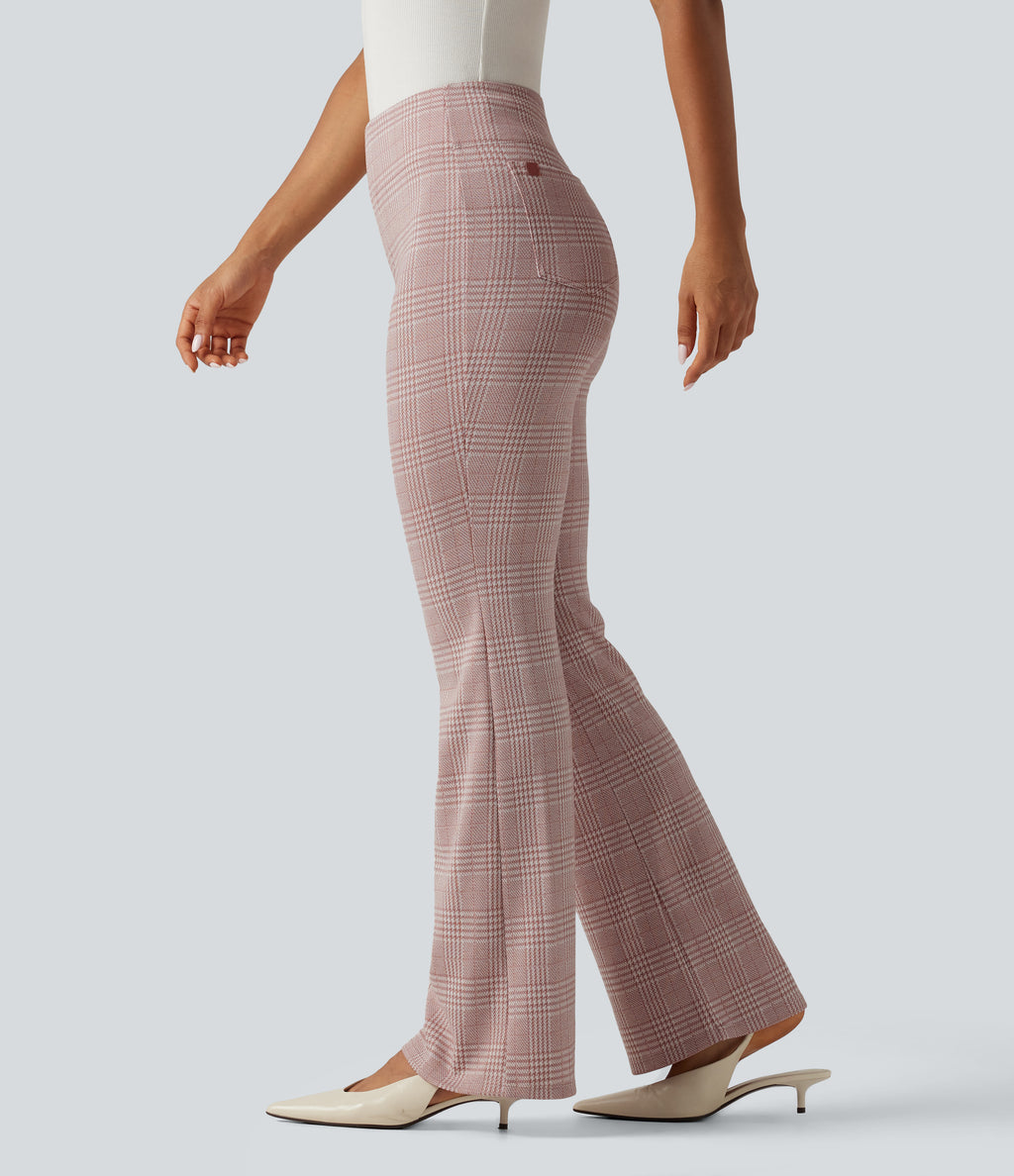High Waisted Plaid Flare Work Trousers with Pockets — Bean Paste Houndstooth Plaid — view 3
