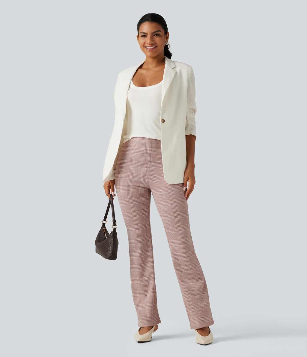 High Waisted Plaid Flare Work Trousers with Pockets — Bean Paste Houndstooth Plaid — view 6