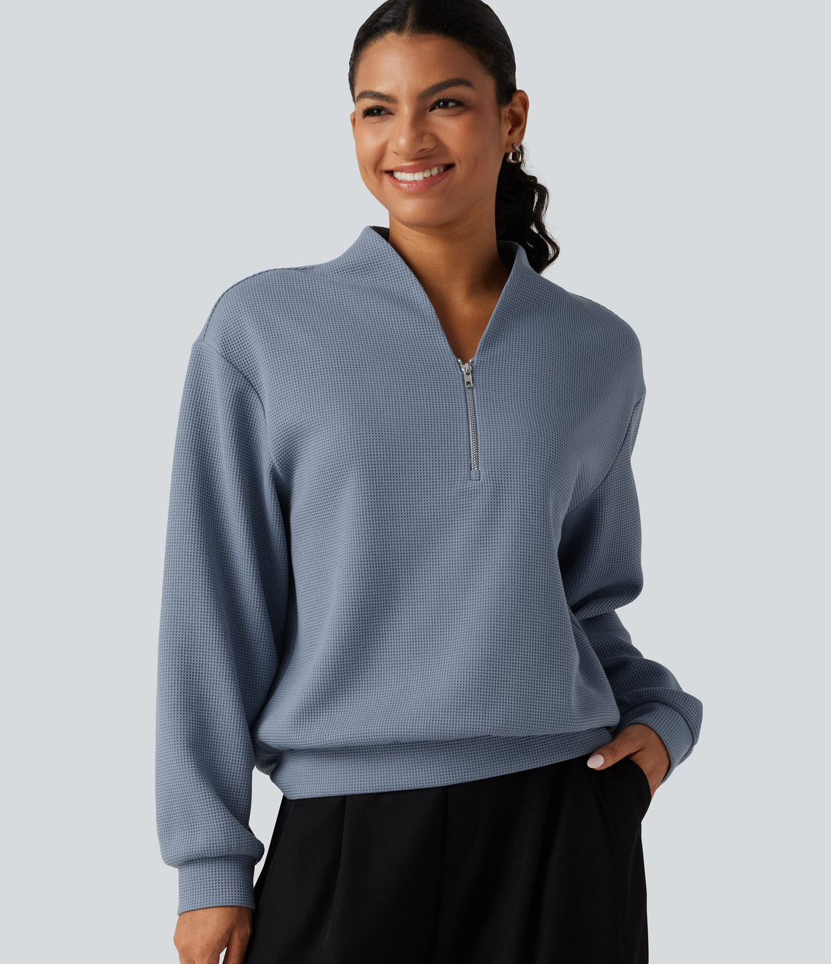 V Neck Long Sleeve Waffle Casual Sweatshirt — Troposphere — view 1