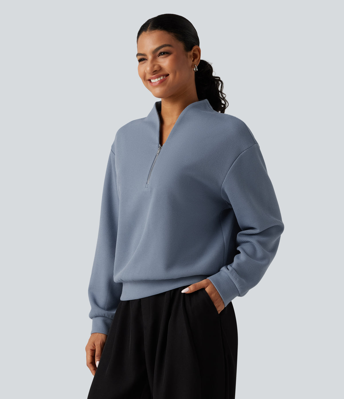 V Neck Long Sleeve Waffle Casual Sweatshirt — Troposphere — view 3