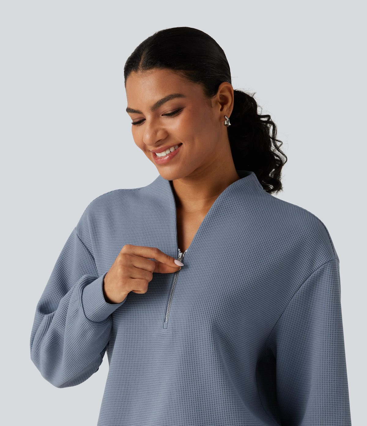 V Neck Long Sleeve Waffle Casual Sweatshirt — Troposphere — view 5