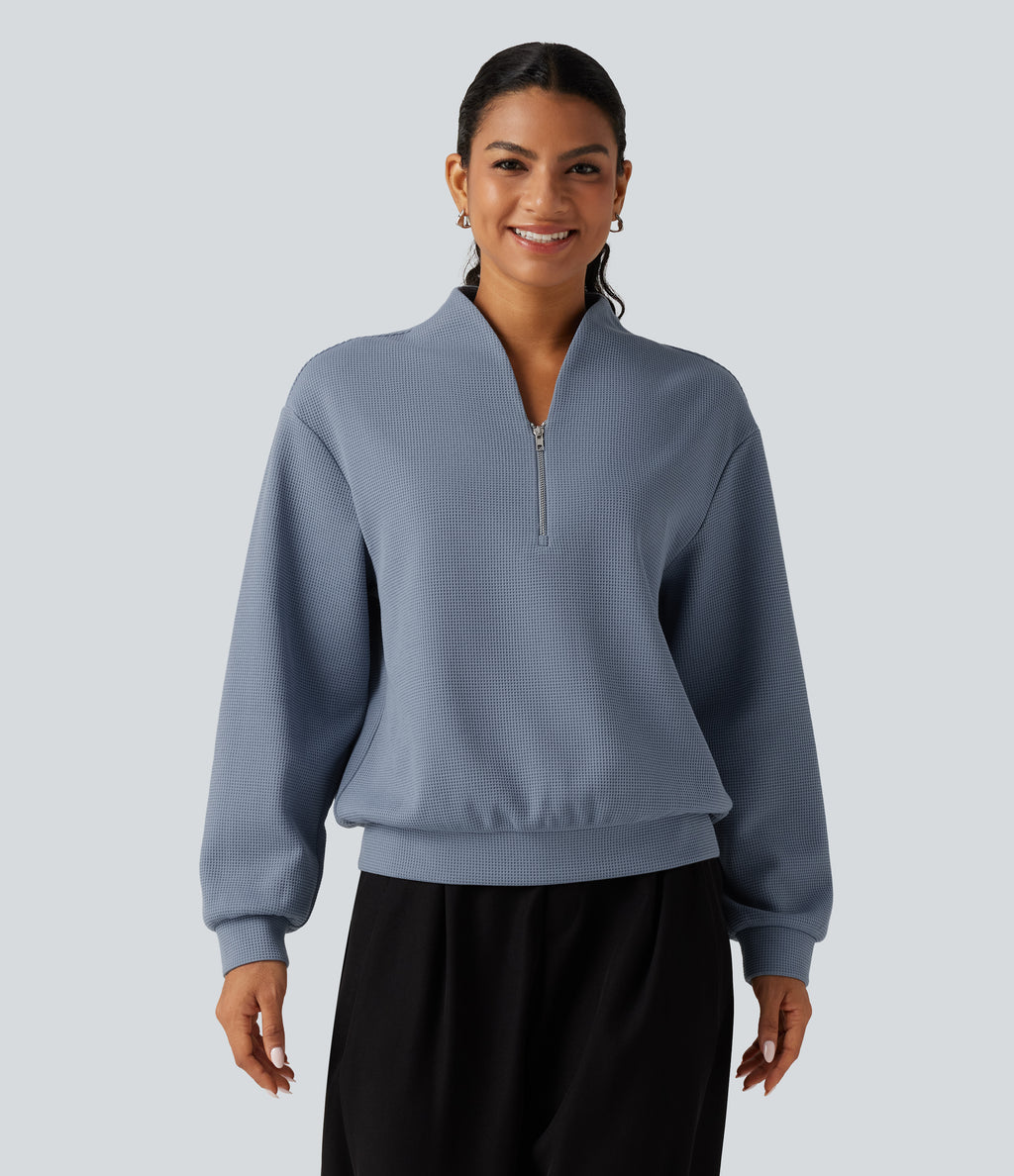 V Neck Long Sleeve Waffle Casual Sweatshirt — Troposphere — view 4