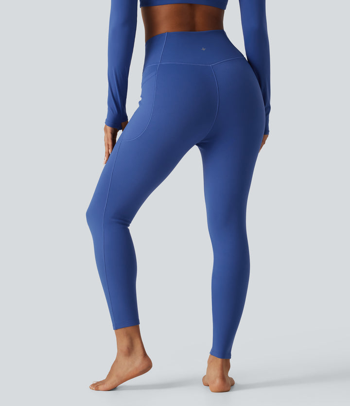 High Waisted Crossover Fleece Yoga Leggings with Pockets — Beaucoup Blue — view 2