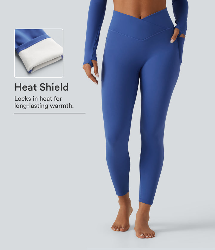 High Waisted Crossover Fleece Yoga Leggings with Pockets — Beaucoup Blue — view 1