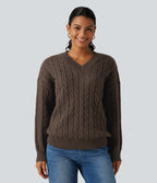 V Neck Dropped Long Sleeve Cable Knit Casual Wool-Blend Jumper — Coffee — view 3
