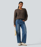 V Neck Dropped Long Sleeve Cable Knit Casual Wool-Blend Jumper — Coffee — view 6