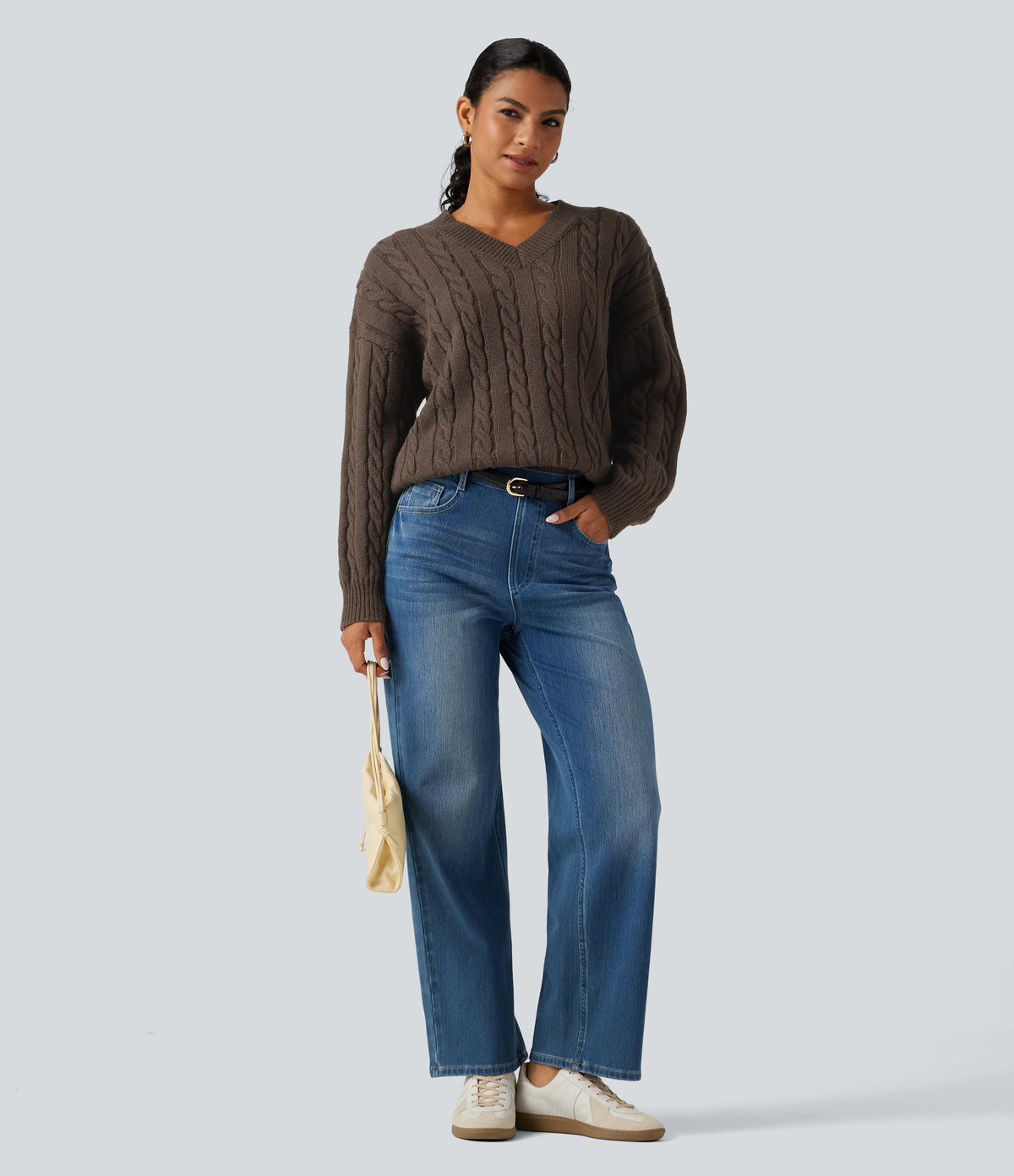 V Neck Dropped Long Sleeve Cable Knit Casual Wool-Blend Jumper — Coffee — view 6