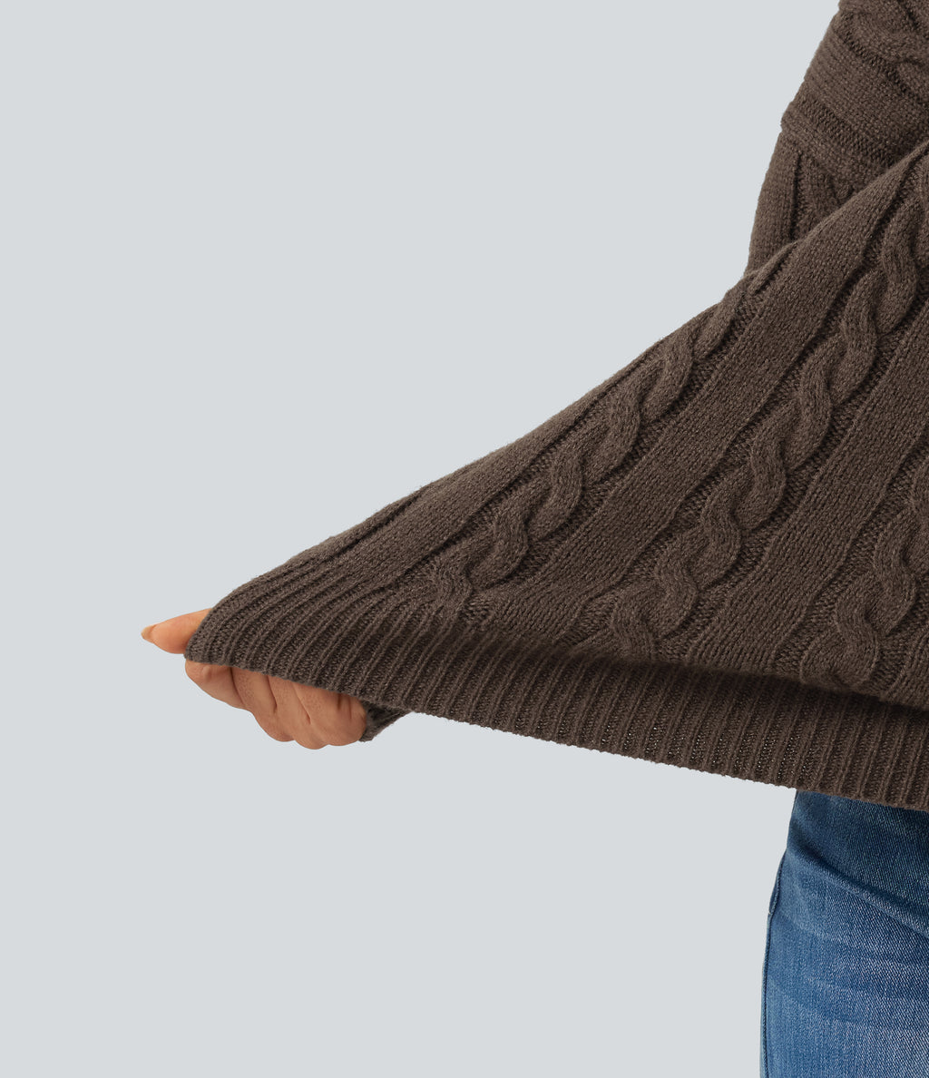 V Neck Dropped Long Sleeve Cable Knit Casual Wool-Blend Jumper — Coffee — view 5