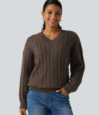 V Neck Dropped Long Sleeve Cable Knit Casual Wool-Blend Jumper — Coffee — view 4