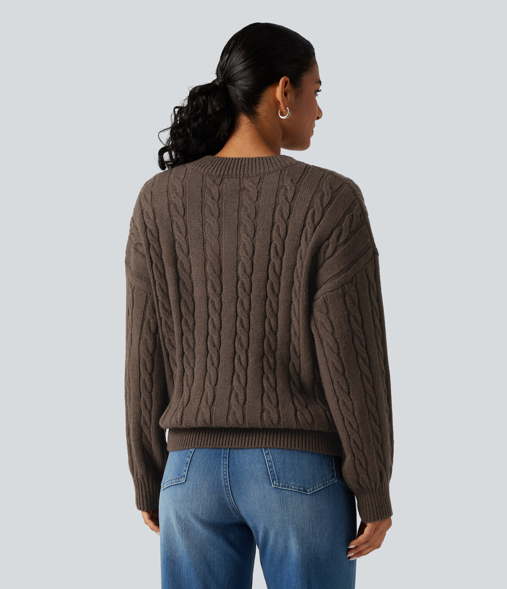 V Neck Dropped Long Sleeve Cable Knit Casual Wool-Blend Jumper — Coffee — view 2
