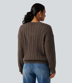 V Neck Dropped Long Sleeve Cable Knit Casual Wool-Blend Jumper — Coffee — view 2