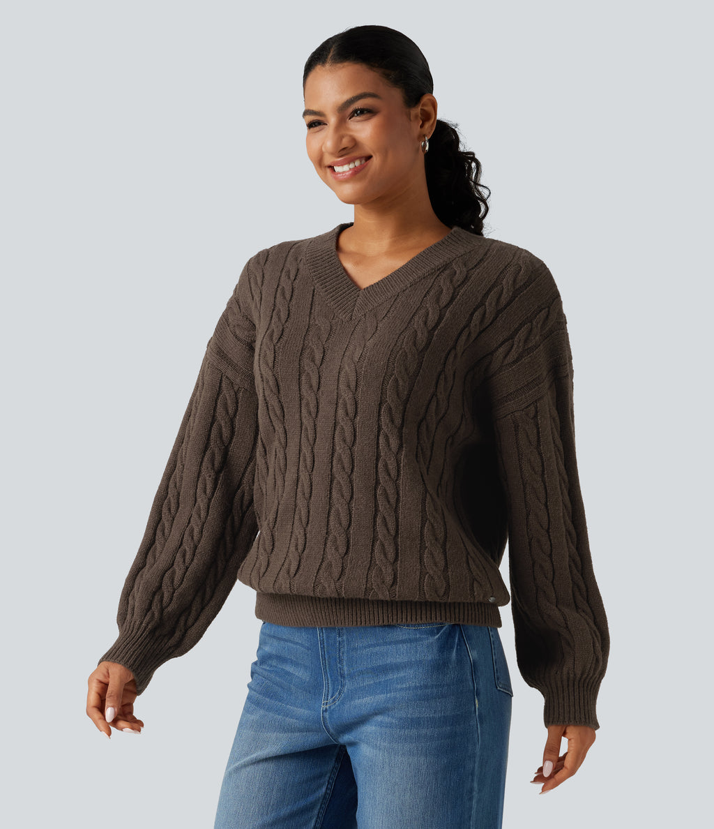 V Neck Dropped Long Sleeve Cable Knit Casual Wool-Blend Jumper — Coffee — view 1