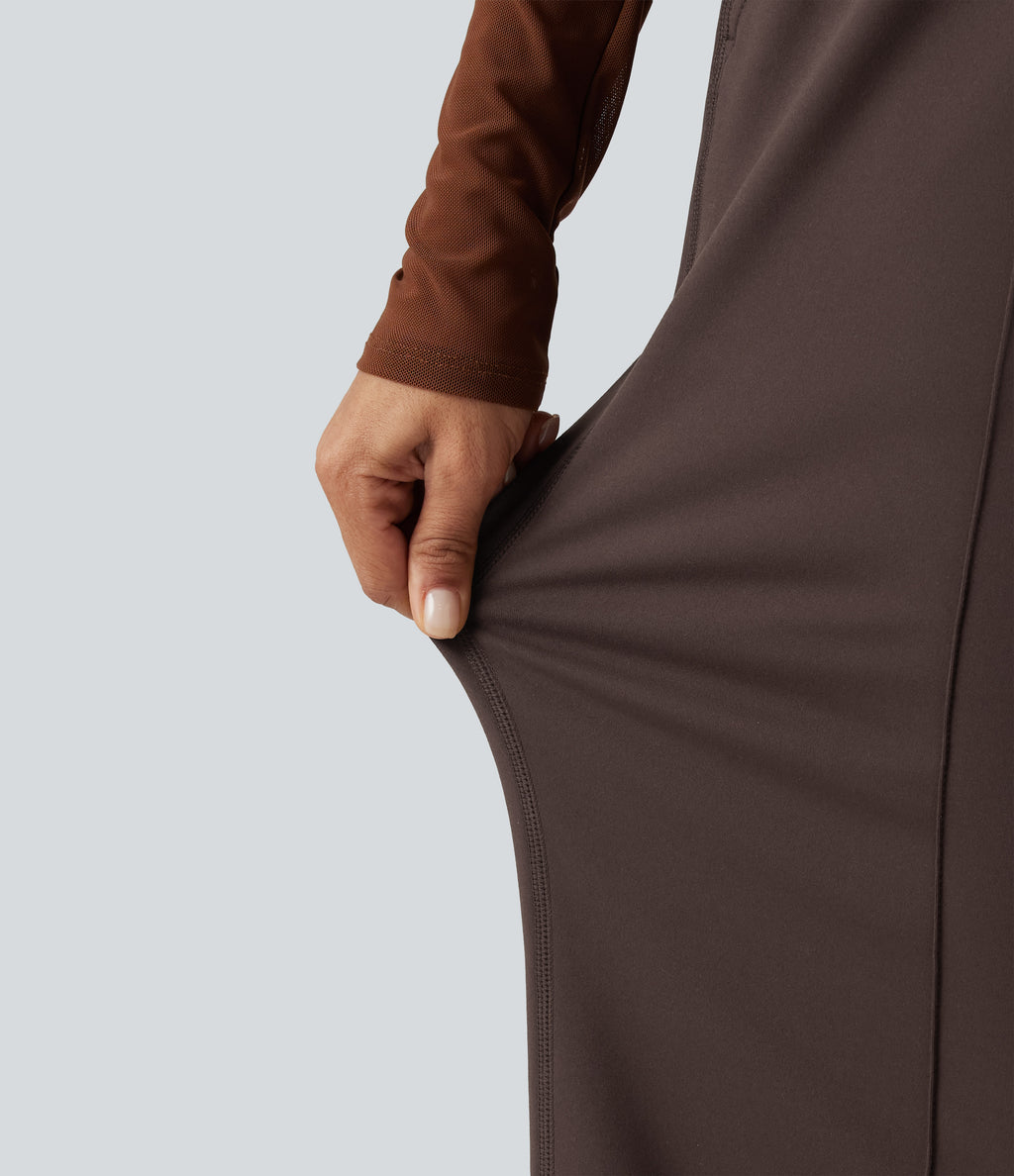 High Waisted Tummy Control Wide Leg Yoga Trousers with Pockets — French Roast — view 6