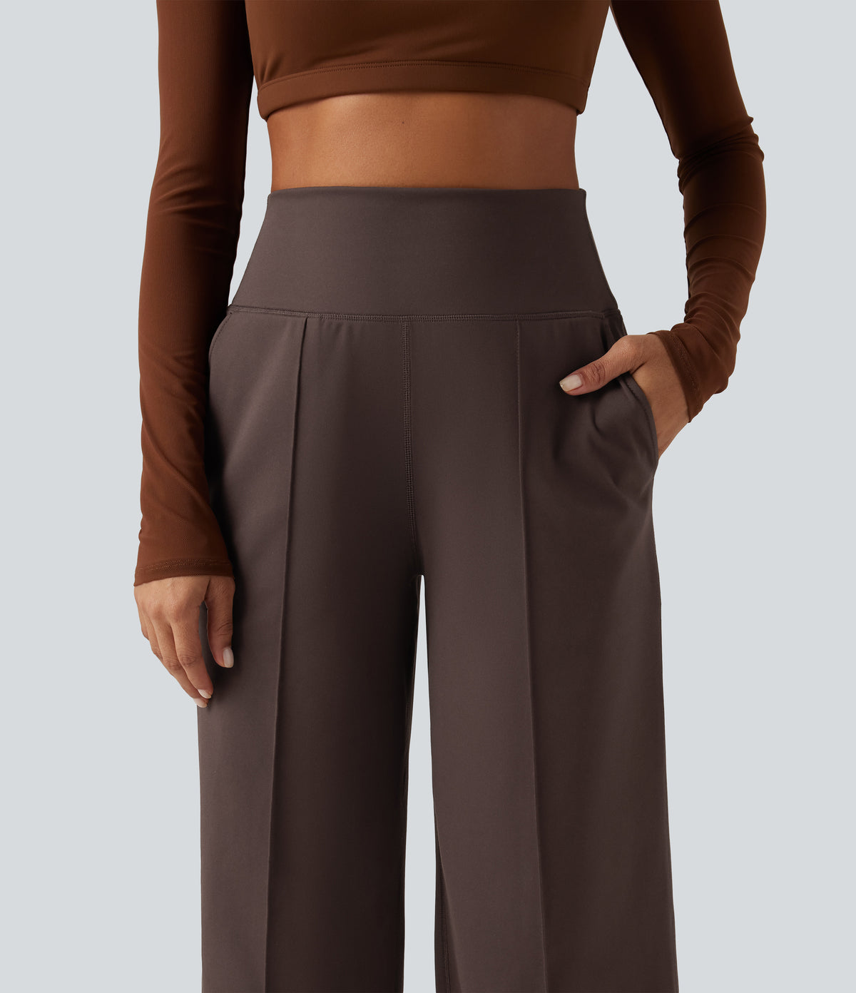 High Waisted Tummy Control Wide Leg Yoga Trousers with Pockets — French Roast — view 4