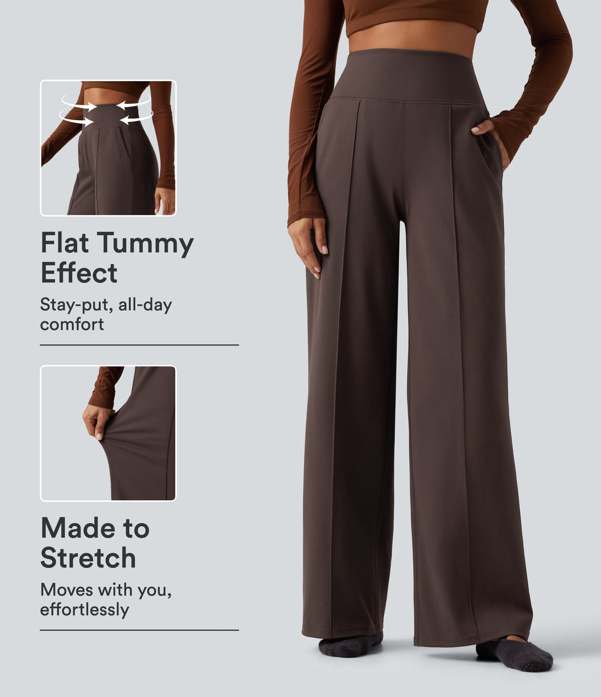 High Waisted Tummy Control Wide Leg Yoga Trousers with Pockets — French Roast — view 1