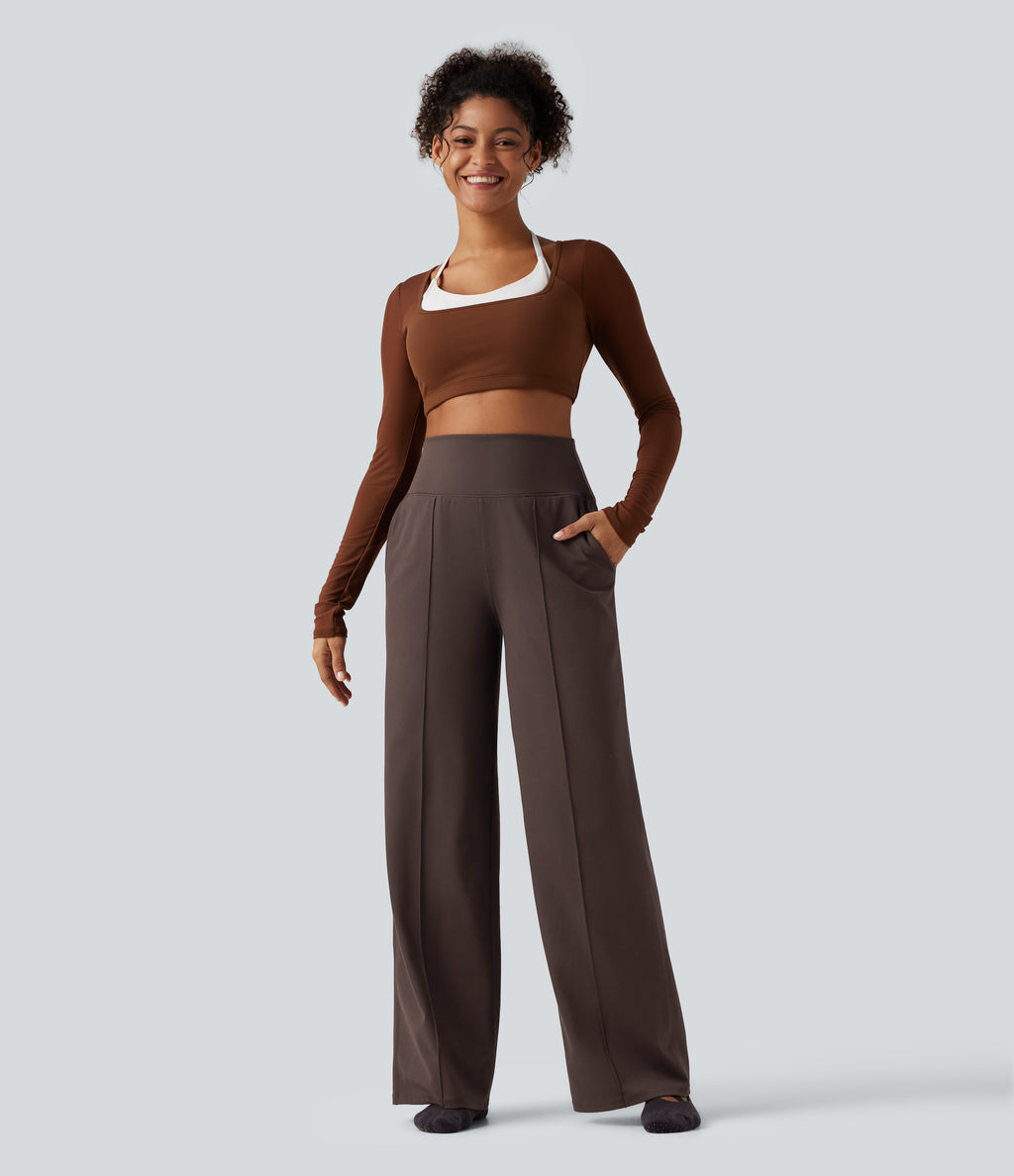 High Waisted Tummy Control Wide Leg Yoga Trousers with Pockets — French Roast — view 7