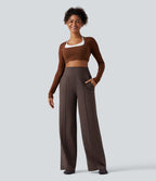 High Waisted Tummy Control Wide Leg Yoga Trousers with Pockets — French Roast — view 7