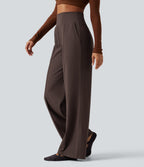 High Waisted Tummy Control Wide Leg Yoga Trousers with Pockets — French Roast — view 3