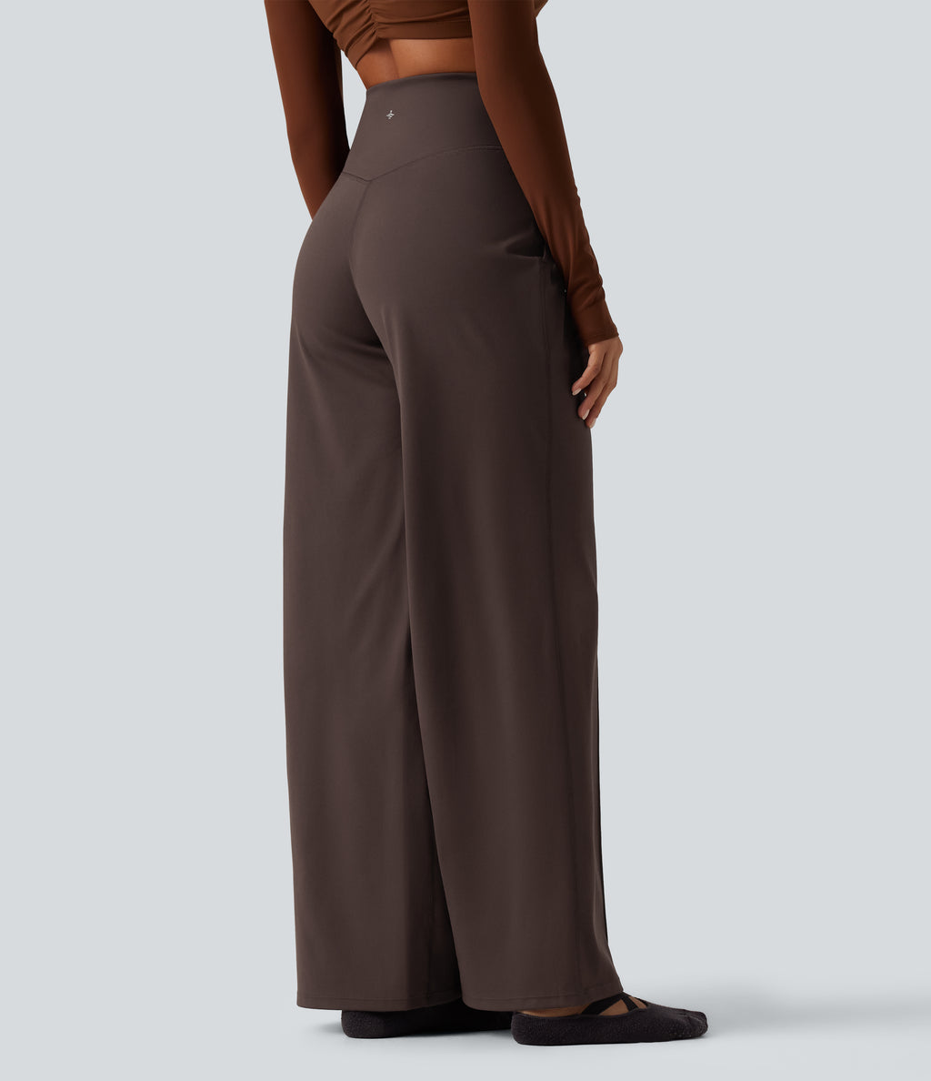 High Waisted Tummy Control Wide Leg Yoga Trousers with Pockets — French Roast — view 2
