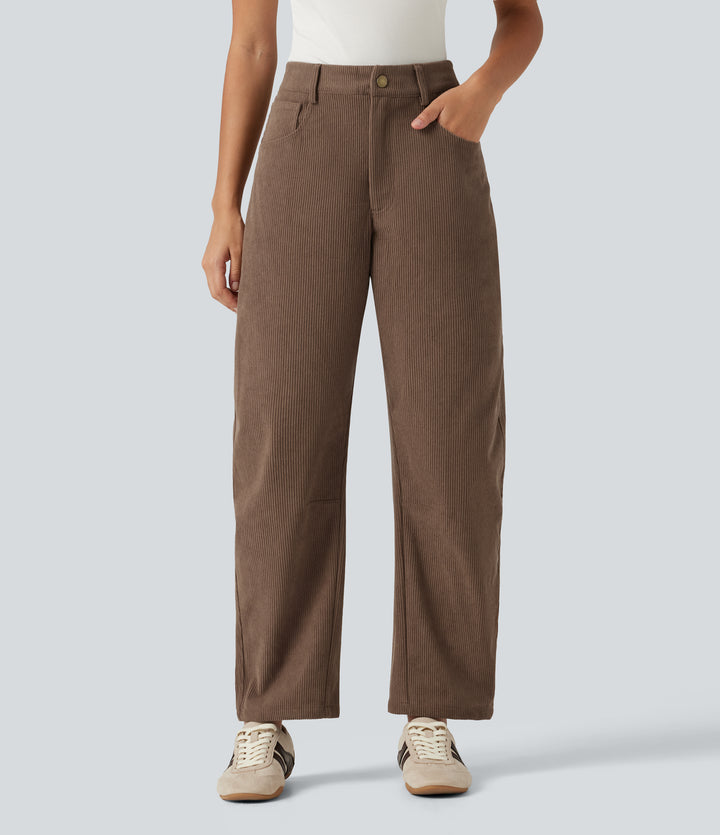 High Waisted Barrel Leg Corduroy Casual Trousers with Pockets — Burnt Caramel — view 1