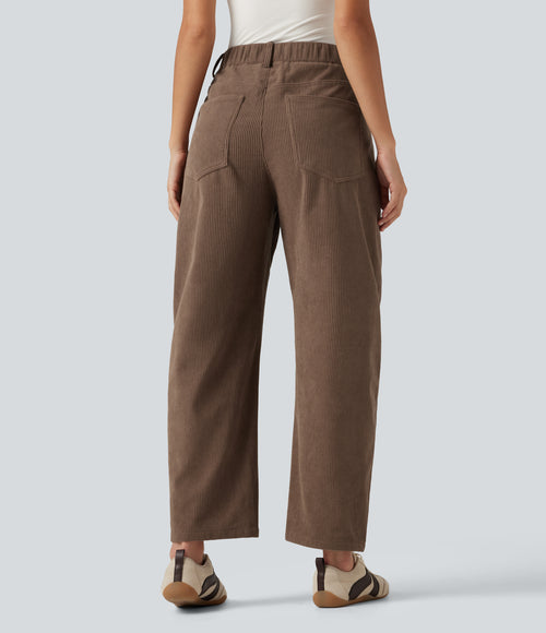 High Waisted Barrel Leg Corduroy Casual Trousers with Pockets — Burnt Caramel — view 2