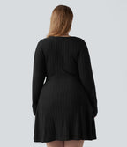 Plus Size Ribbed Knit V Neck Long Sleeve Flare Mini Casual Dress with Pockets — Black — view 2