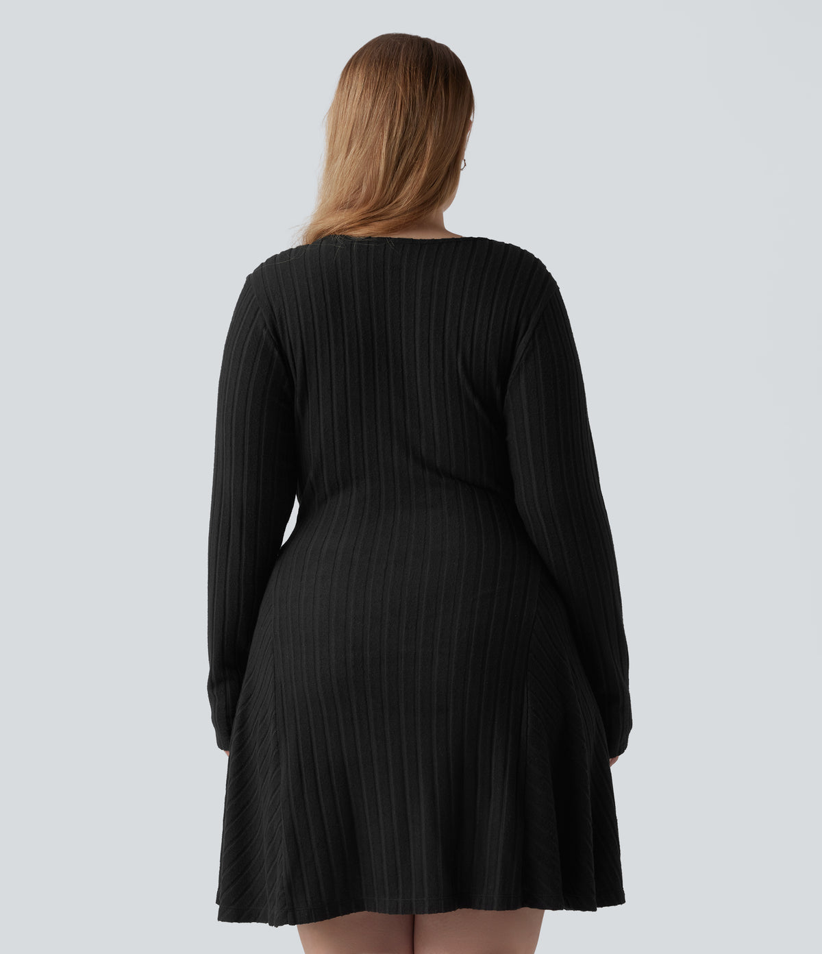 Plus Size Ribbed Knit V Neck Long Sleeve Flare Mini Casual Dress with Pockets — Black — view 2