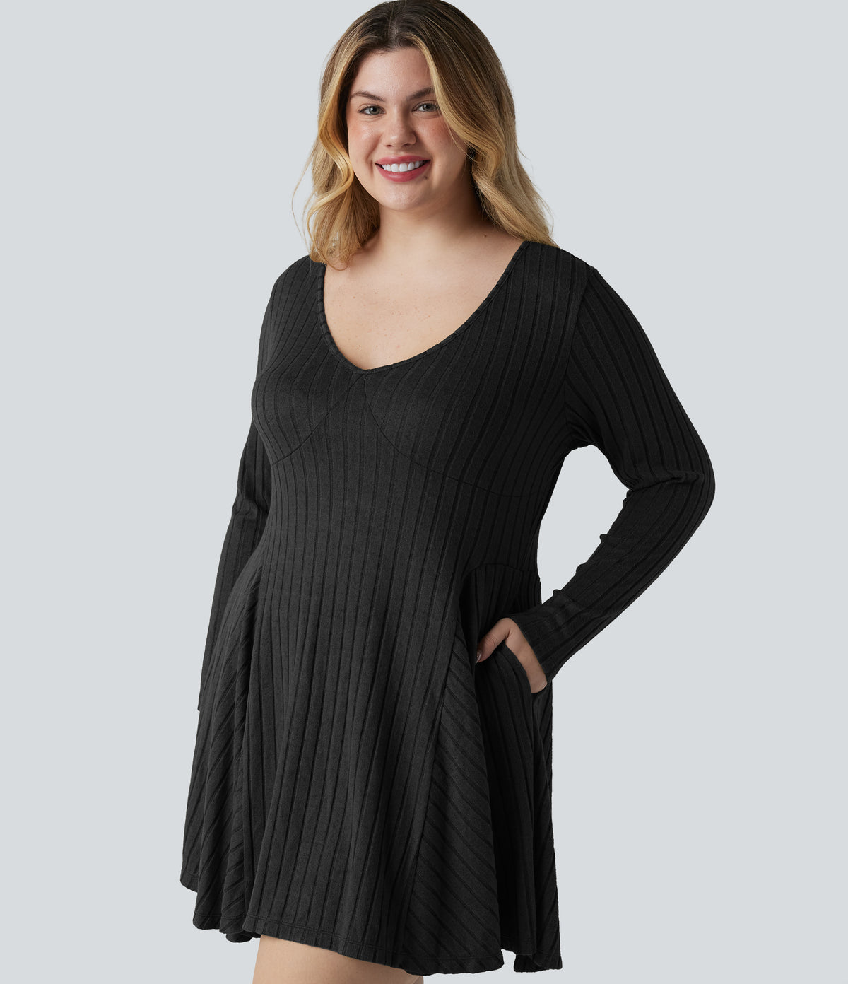 Plus Size Ribbed Knit V Neck Long Sleeve Flare Mini Casual Dress with Pockets — Black — view 4