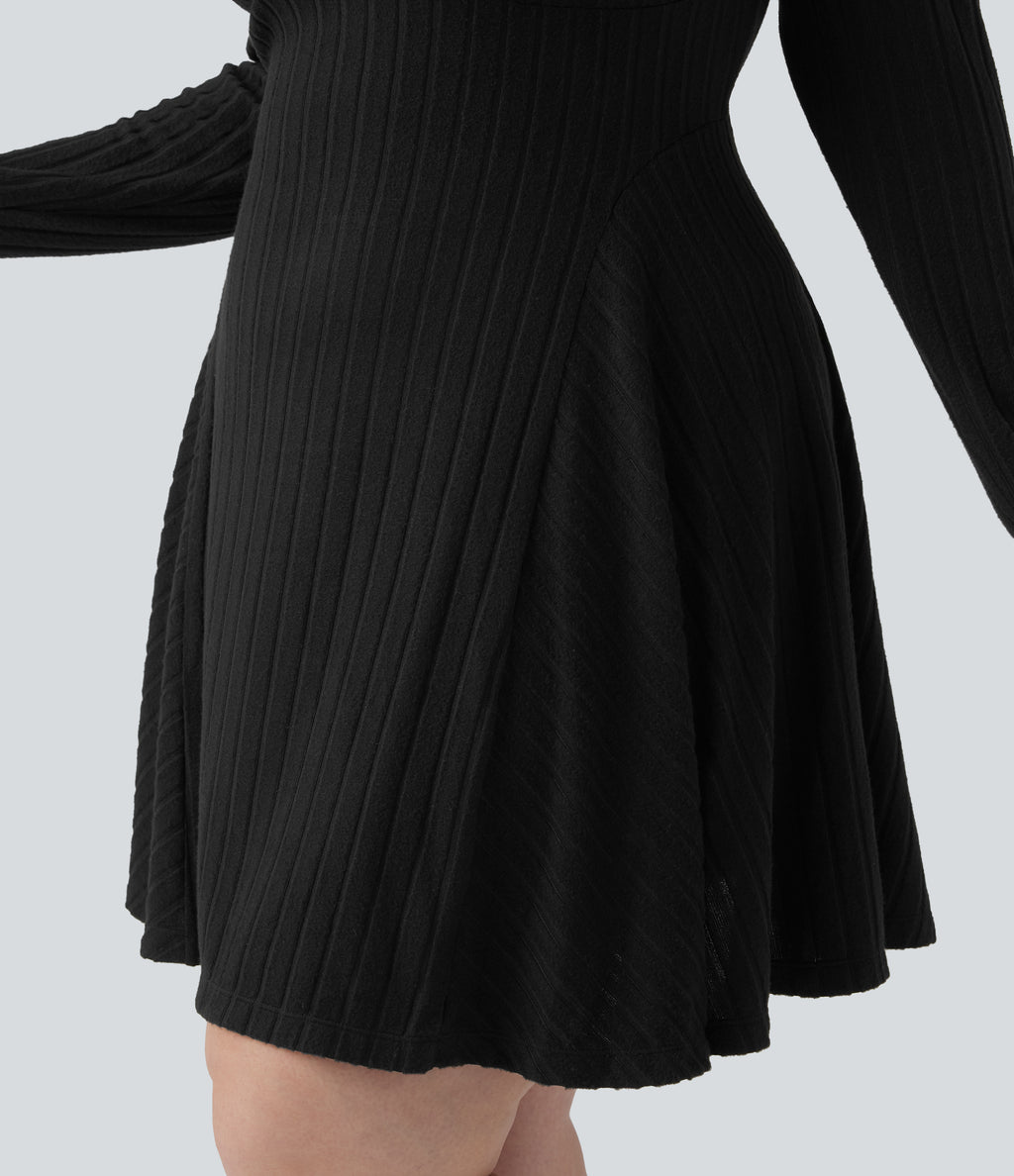 Plus Size Ribbed Knit V Neck Long Sleeve Flare Mini Casual Dress with Pockets — Black — view 6