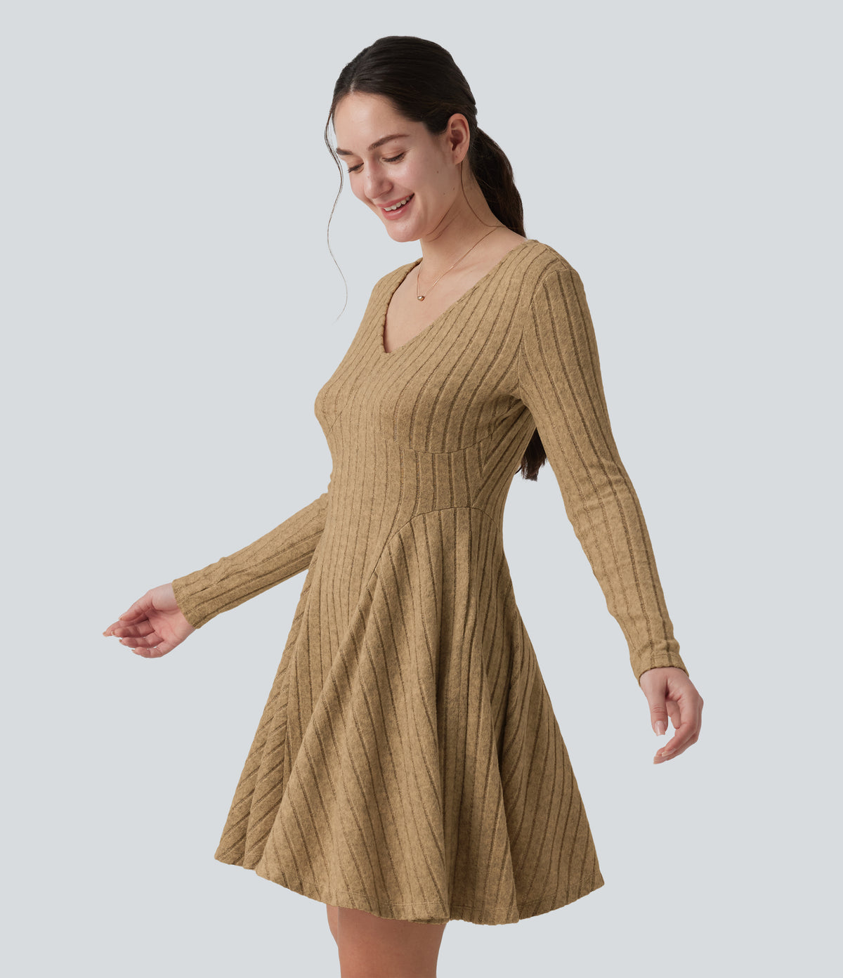 Ribbed Knit V Neck Long Sleeve Flare Mini Casual Dress with Pockets — Semolina — view 6