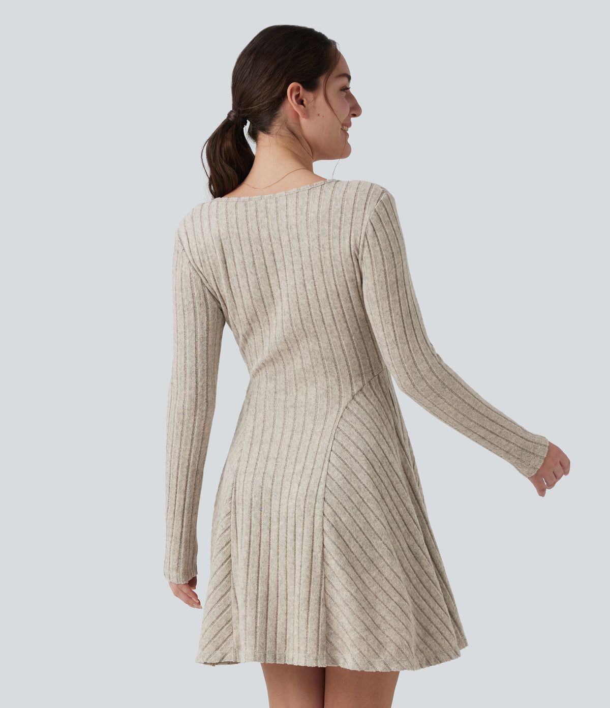 Ribbed Knit V Neck Long Sleeve Flare Mini Casual Dress with Pockets — Warm Grey Floral Velvet — view 2