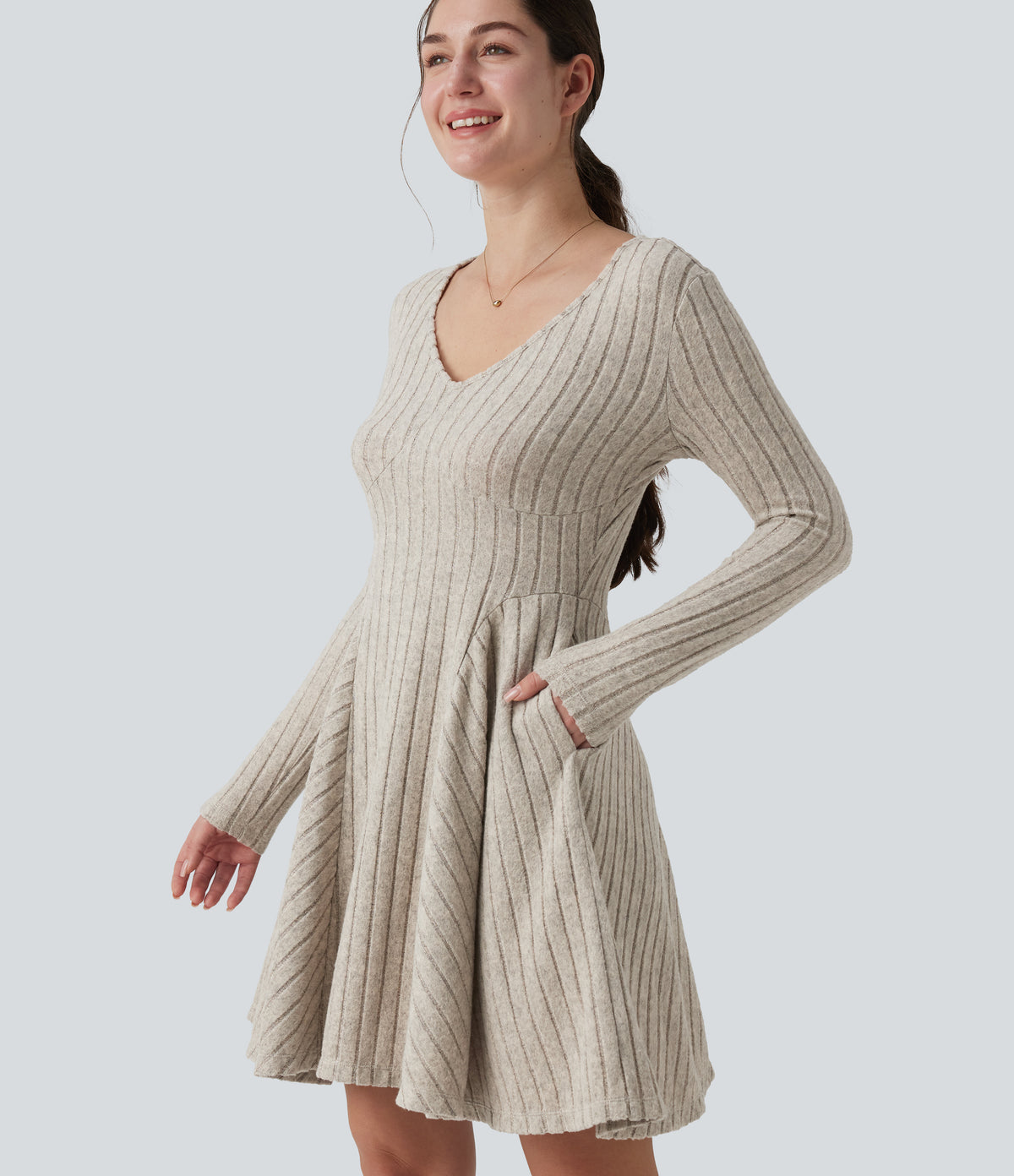 Ribbed Knit V Neck Long Sleeve Flare Mini Casual Dress with Pockets — Warm Grey Floral Velvet — view 4