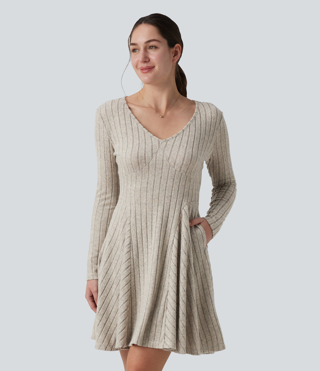 Ribbed Knit V Neck Long Sleeve Flare Mini Casual Dress with Pockets — Warm Grey Floral Velvet — view 3