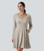 Ribbed Knit V Neck Long Sleeve Flare Mini Casual Dress with Pockets — Warm Grey Floral Velvet — view 3